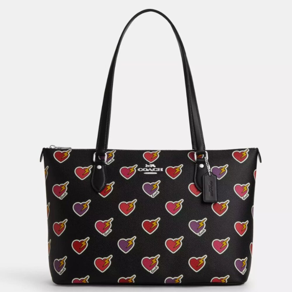 Coach Gallery Black Tote Bag With Heart Bolt Print New! $378 Retail